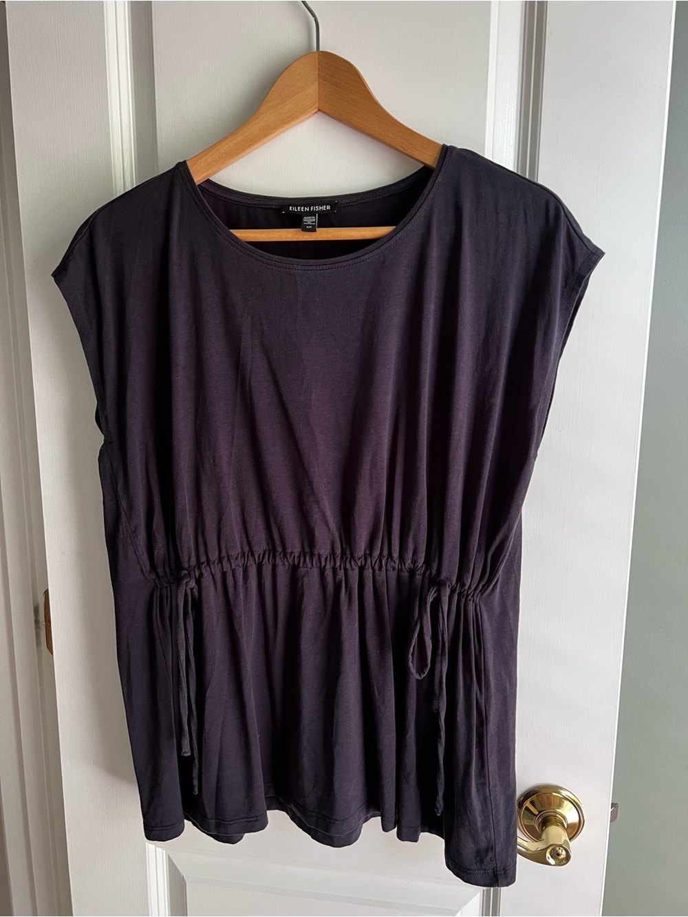 Eileen Fisher Navy Blue Drawstring Waist Cap Sleeve Tunic Top Size S